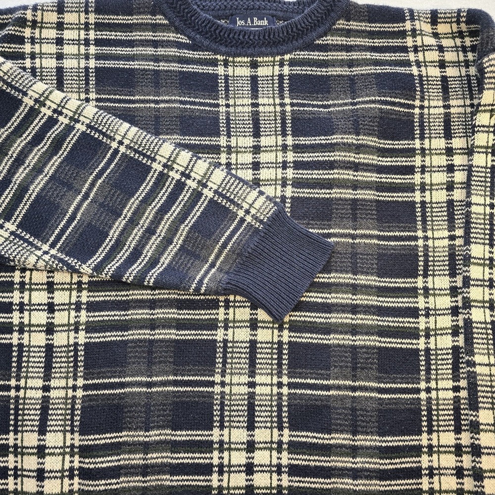 VTG Jos A Bank Sweater Mens L Plaid 100% Cotton Crewneck‎ Grandpa Core 90s Retro